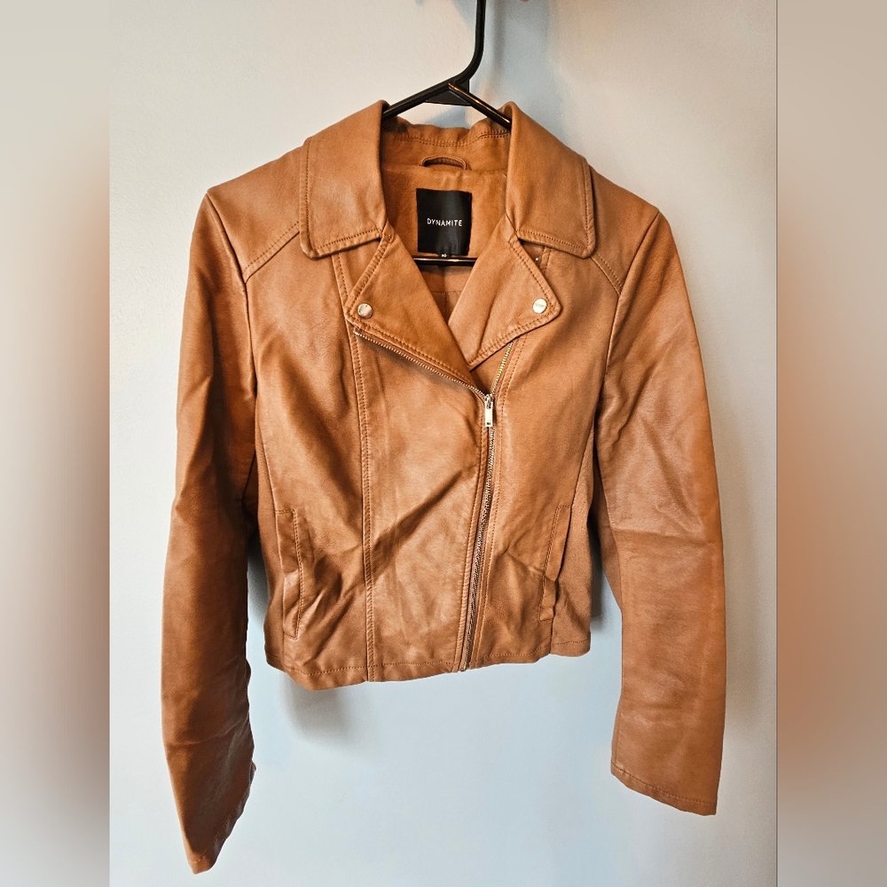 Dynamite Tan Leather Moto Jacket Asymmetrical Zipper